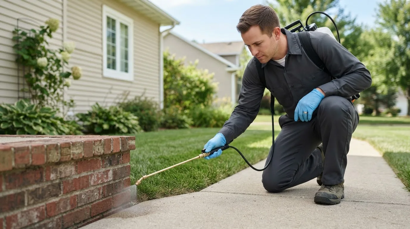 Pest control technician treating a home near Franklin, NH
