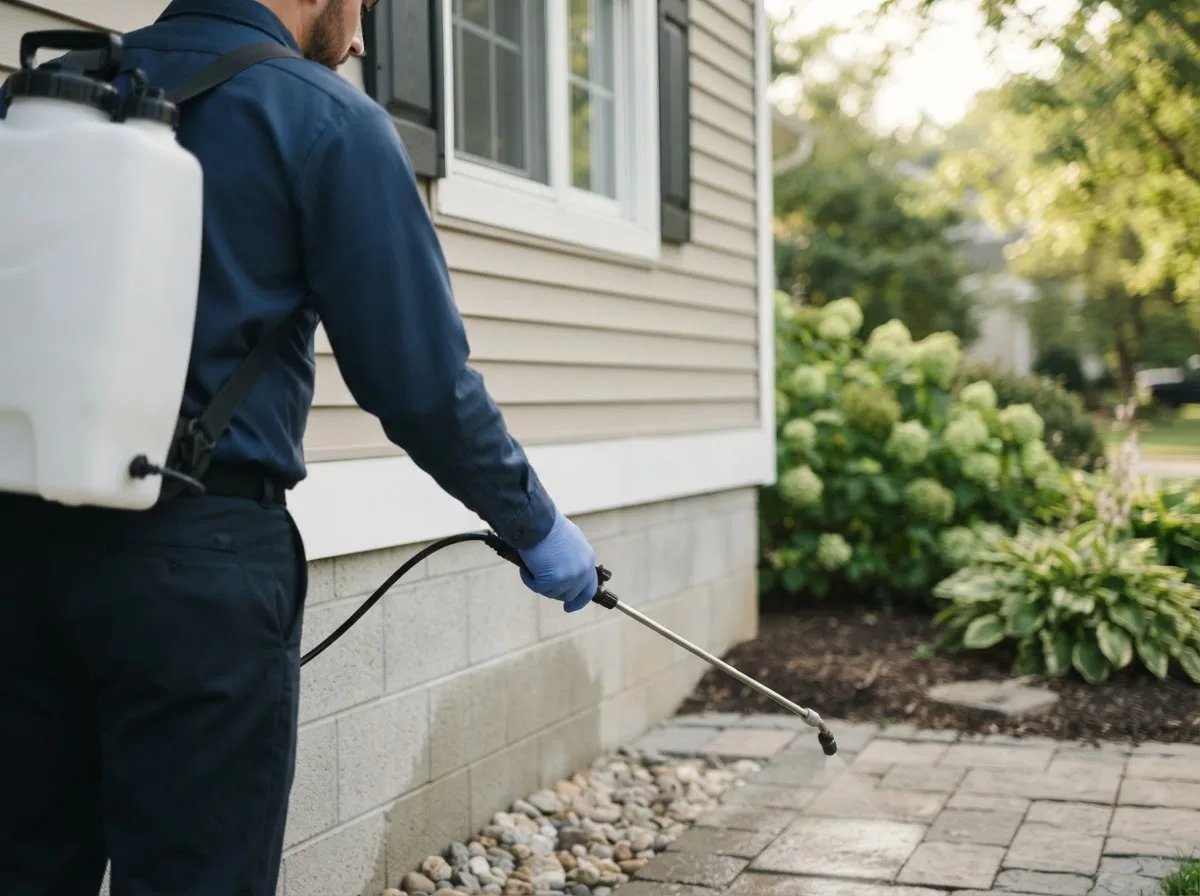 Pest control technician inspecting a home in Franklin, NH